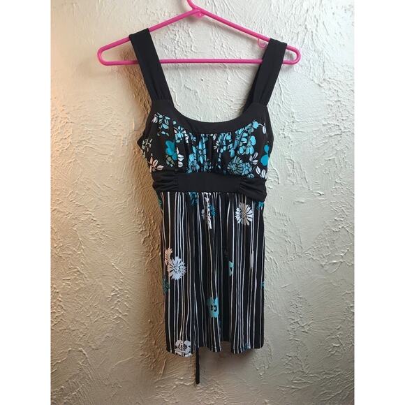 Speechless Juniors Babydoll Top Sleeveless Brown Blue Floral Striped Size Small - Picture 1 of 3